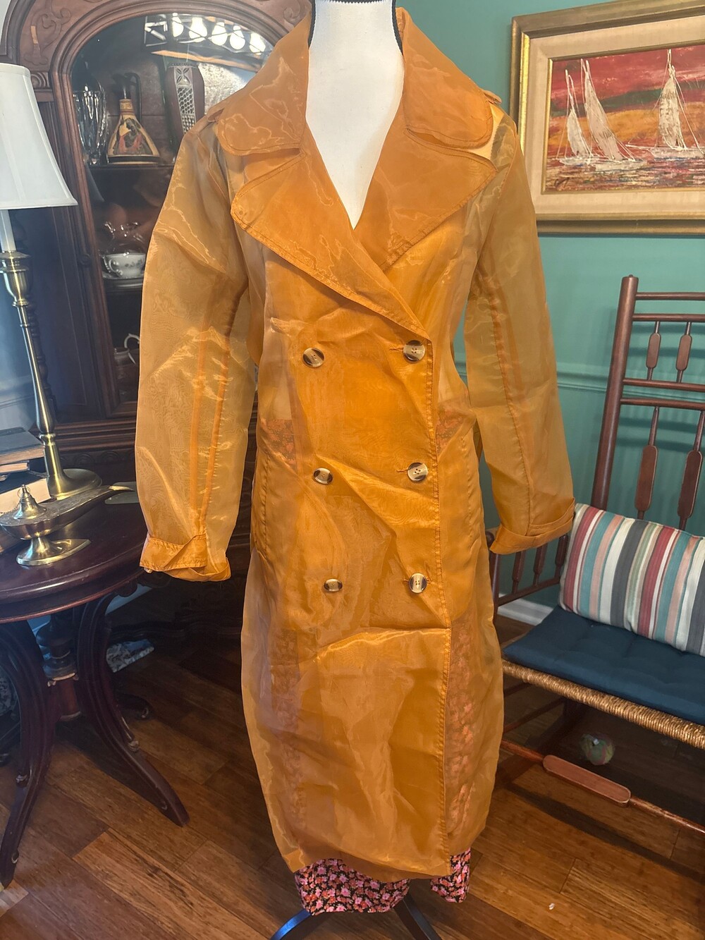 Double Breasted Orange Sheer Trench Coat Lightweight Fabric